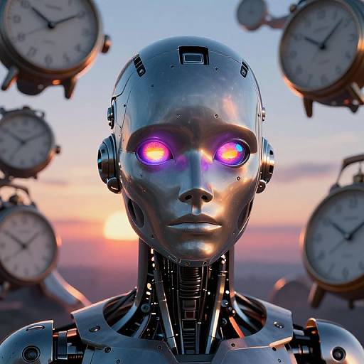 Photorealistic CGI of a silver robotic head with glowing purple eyes, surrounded by multiple clocks against a sunset sky.
