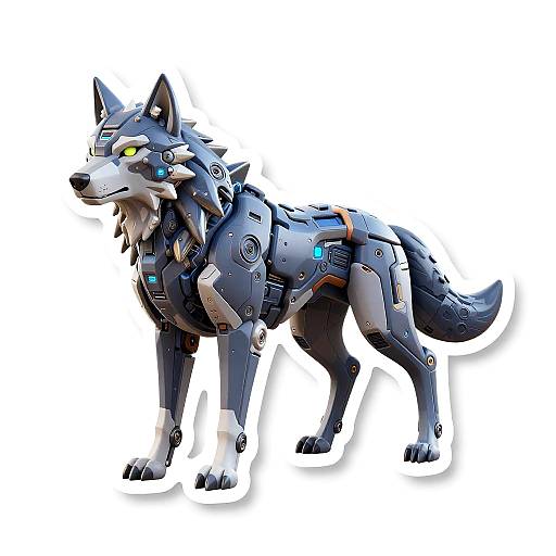 Digital artwork of a robotic wolf with blue-gray armor, glowing yellow eyes, and cybernetic components, standing on a white background.
