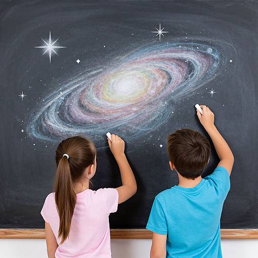 Photograph of a young girl in a pink shirt and a boy in a blue shirt painting a colorful galaxy on a black chalkboard.