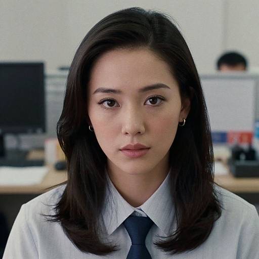 Photograph of an East Asian woman with straight black hair, wearing a white shirt and black tie, in an office setting. Background shows blurred computers and
