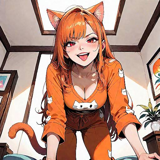 Smug Catgirl in Orange Pajamas