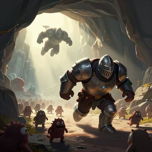 CGI fantasy scene: massive armored knight with glowing blue gem, charging through cave entrance, surrounded by tiny, adorable, round-faced creatures. Sunlight