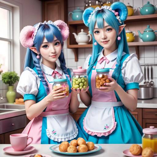 Whimsical Anime Maids in a Bright Kitchen