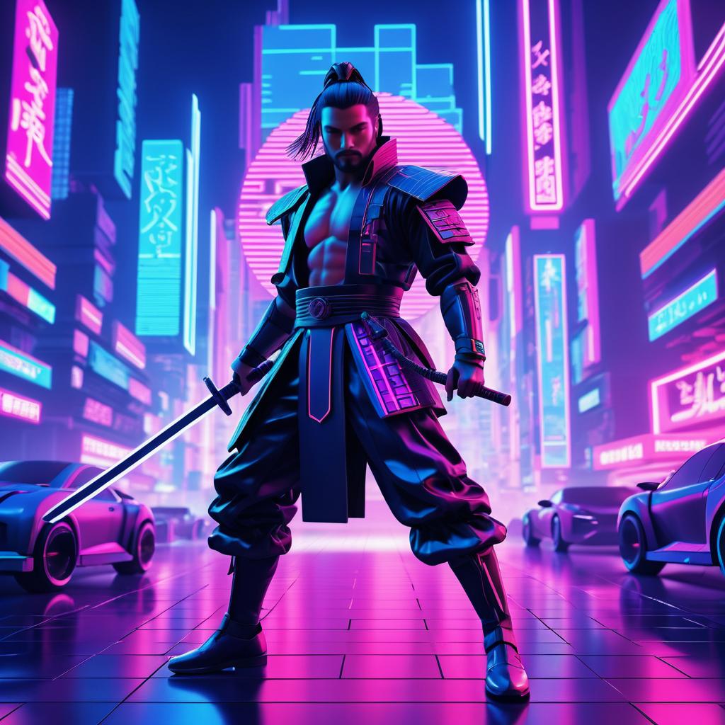 Fierce Samurai in Neon Cyberpunk Paradise