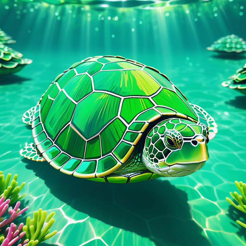 Whimsical Emerald Green Turtle in Lagoon