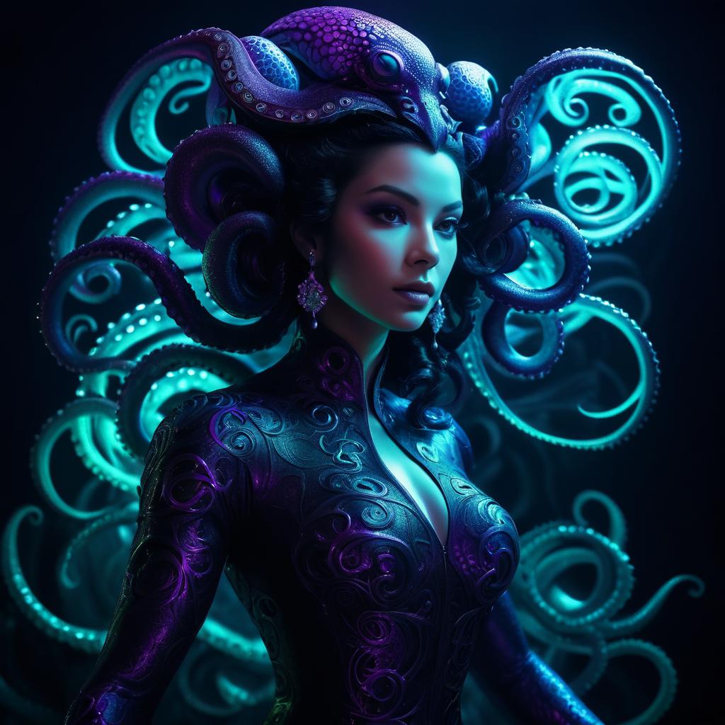 Noir Octopus Woman in Vibrant Detail