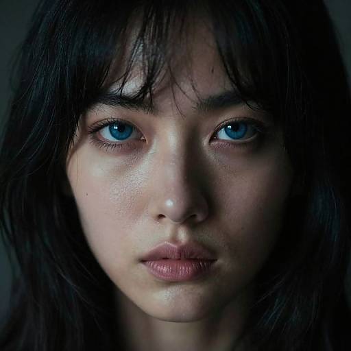 Photorealistic close-up of an Asian woman with striking blue eyes, dark straight hair, and neutral expression, set against a dark background.
