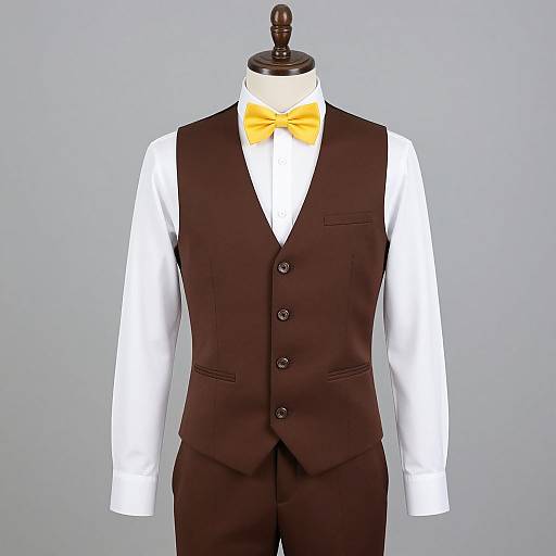 Photograph of a black vest and white dress shirt with a bright yellow bow tie on a mannequin against a plain gray background.