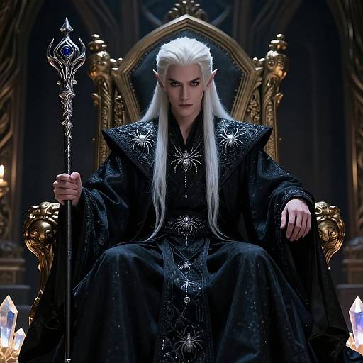 Digital artwork of a stern, white-haired elf king with pointed ears, wearing a black, ornate robe, sitting on a golden throne, holding a