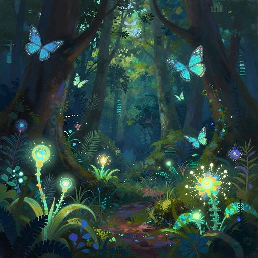 Digital fantasy forest scene: vibrant blue butterflies, glowing fireflies, and luminescent plants under dark, dense trees with beams of sunlight.