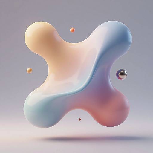 Abstract digital artwork of a colorful, fluid-like shape with gradients of pastel pink, blue, and peach, surrounded by small spheres against a gradient gray