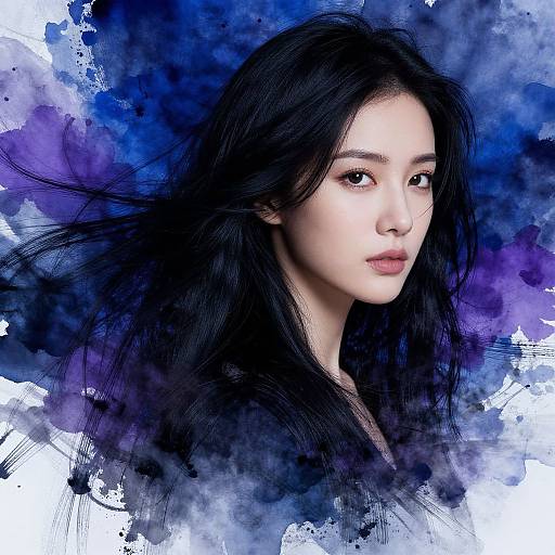 Digital portrait of an East Asian woman with long black hair, light skin, and subtle makeup, set against a vivid blue and purple watercolor background.