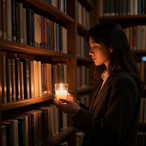 Photograph of a woman with long brown hair, wearing a dark blazer, holding a lit candle, gazing at bookshelves in a dim