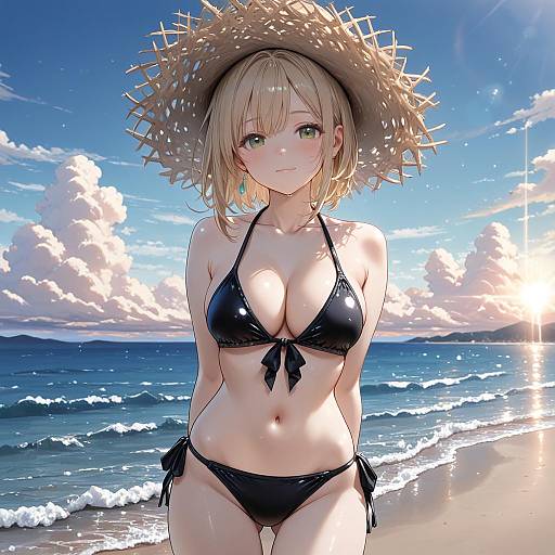 Blonde Woman in Black Bikini on Beach