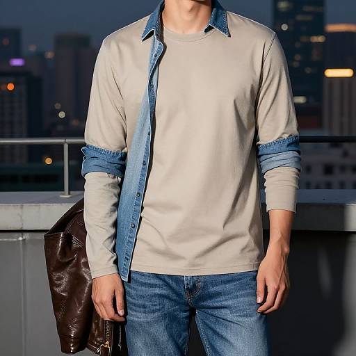 Photograph of a man in a beige long-sleeve shirt with blue denim sleeves, blue jeans, and a brown leather jacket, standing on a