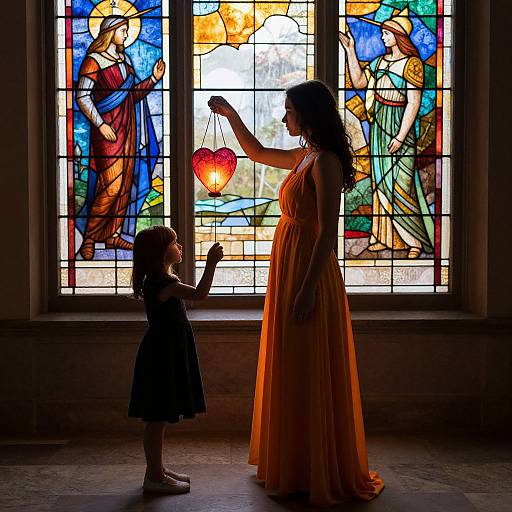 Photograph of a silhouette of a woman in a yellow dress and a young girl holding a red lantern in front of colorful stained glass windows.