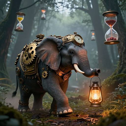 Digital artwork of a steampunk elephant with gears, holding a lantern in a foggy forest, surrounded by hanging hourglasses.