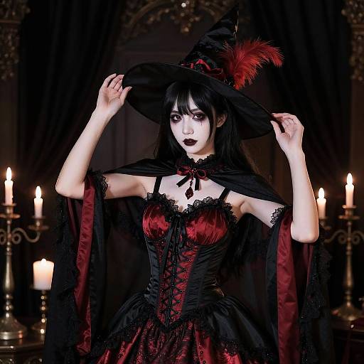 Photograph of a pale-skinned woman in a gothic witch costume, black and red corset, wide-brimmed hat with red feather,