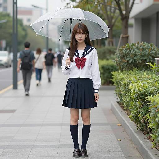 Asian Woman in Sailor Outfit on Sidewalk