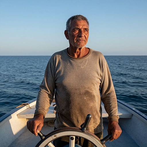 Photograph of an older, weathered man with gray hair and beard, wearing a wet, gray long-sleeve shirt, steering a small boat
