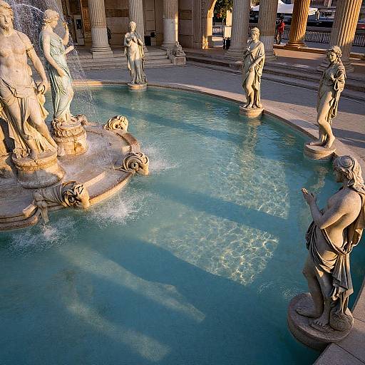 Photograph of a classical-style fountain with six statues of draped, muscular figures, spraying water into a circular, sunlit blue pool, surrounded by tall