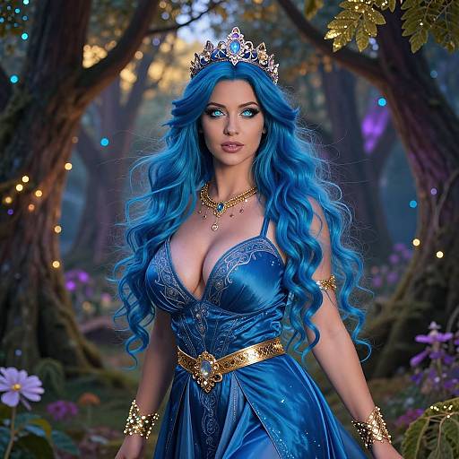 Digital art of a fairytale-like woman with long blue hair, blue dress, gold jewelry, and tiara, in an enchanted forest.