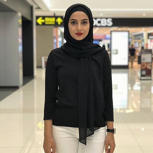 Photograph of a woman in a black hijab and top, white pants, standing in a brightly lit mall, with 