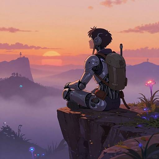 Digital artwork of a robotic humanoid with a backpack, sitting on a cliff at sunset, overlooking misty mountains with glowing flowers.