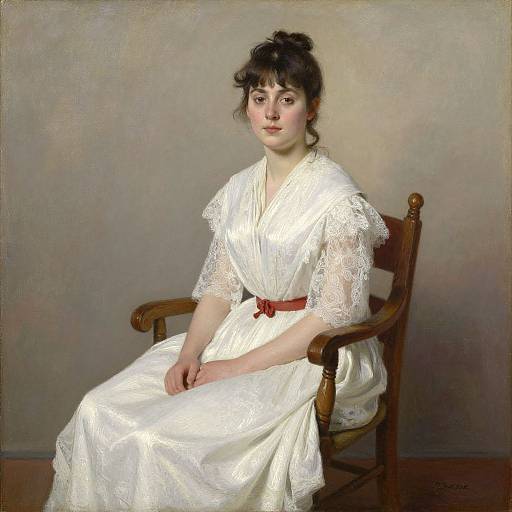 Victorian-era portrait of a fair-skinned woman with dark hair in an updo, wearing a white lace dress with a red belt, seated on