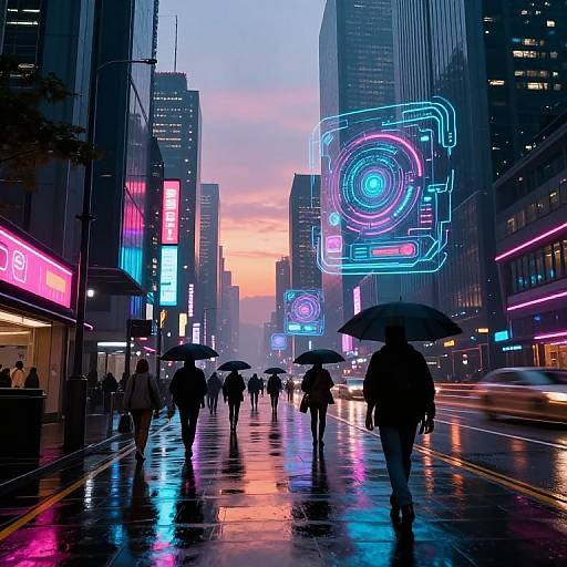 Photograph of a neon-lit, rainy urban street at dusk, with silhouetted pedestrians holding umbrellas, colorful neon signs, and glowing
