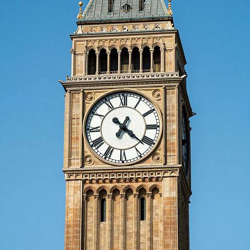 Photograph of a tall, beige stone clock tower with a large white clock face and black Roman numerals, set against a clear blue sky.