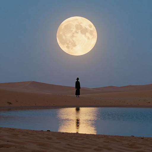 Silhouetted figure stands by desert oasis under glowing full moon, reflecting in calm water, with sand dunes in the background.