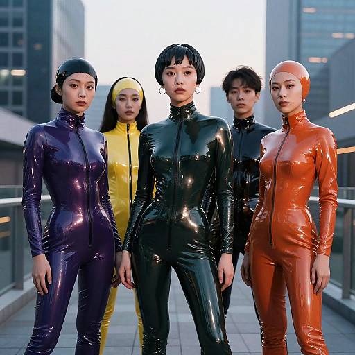Teens in Latex Cityscape at Dusk