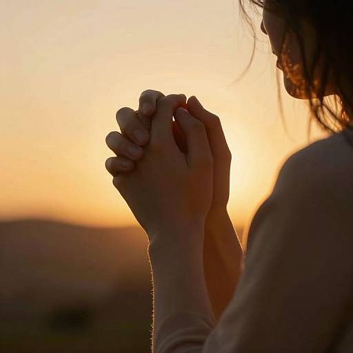 Photograph of a person's silhouette holding hands against a golden sunset, with soft, warm light highlighting their fingers and subtle hair details.