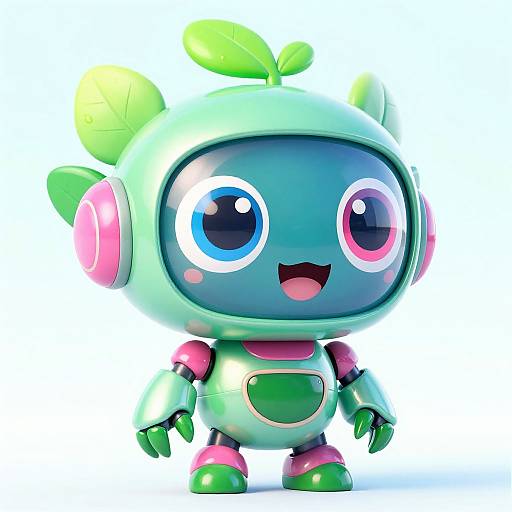 Cute, chibi-style, digital CGI robot with green and pink accents, large blue and pink eyes, leaf on head, smiling open-mouthed