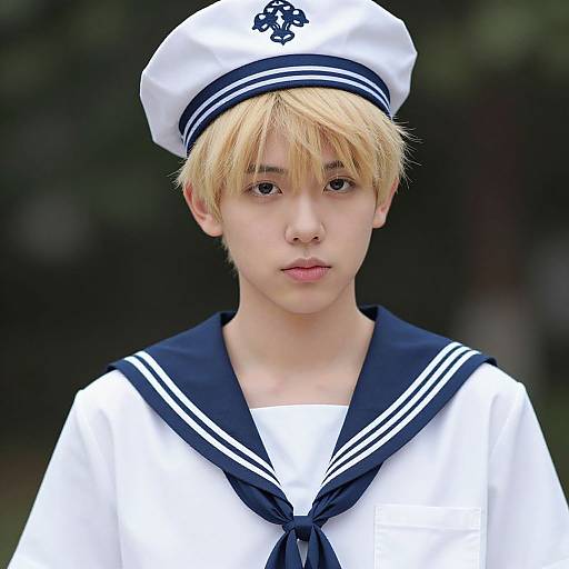 Photograph of a young Asian male with blonde hair, wearing a white sailor uniform with navy accents and a matching hat, against a dark green blurred background