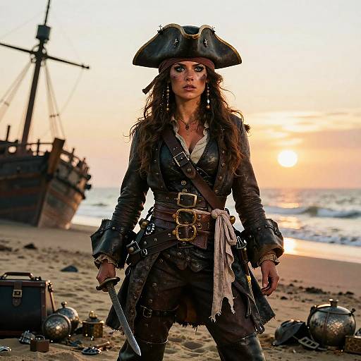 Photograph of a fierce, long-haired pirate woman in a tricorn hat, brown leather outfit, and belt, holding a sword on a sunset beach
