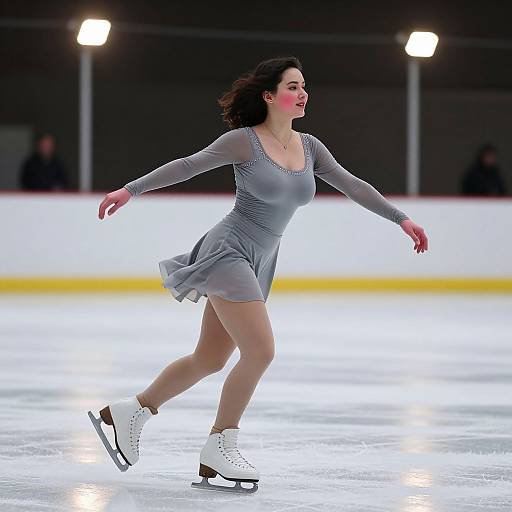 Photograph of a female figure skater in a flowing, sheer, gray dress, white skates, gliding gracefully on an illuminated ice rink