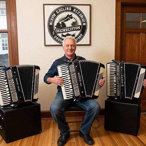 Photograph of a smiling bald man in a navy shirt and jeans, sitting between two accordion stands in a music shop. 