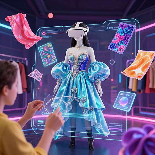Virtual fashion show: CGI woman in blue, puffed-sleeve dress, white headband, surrounded by floating clothes and cards, neon-lit