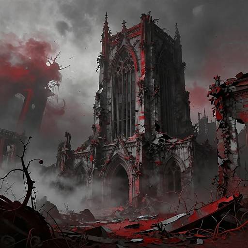 Digital artwork of a ruined, gothic cathedral engulfed in dark clouds and blood-red mist, with crumbling debris and skeletal trees in the foreground.