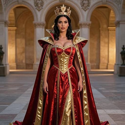 Photograph of a regal woman with dark hair, wearing a gold crown, red and gold velvet gown, and matching cape, standing in an orn