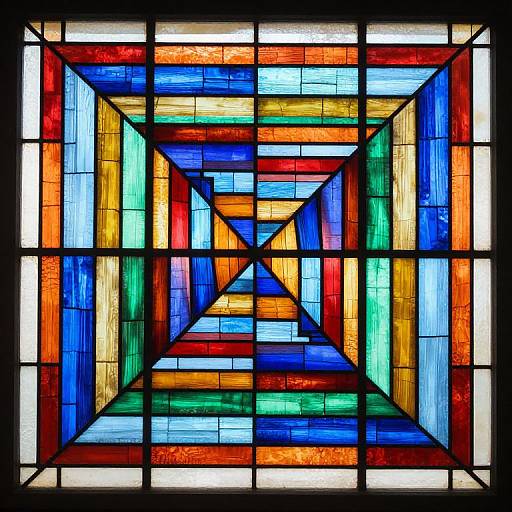 Vibrant stained glass window featuring a central diamond-shaped pattern with nested blue, red, orange, and green geometric frames.