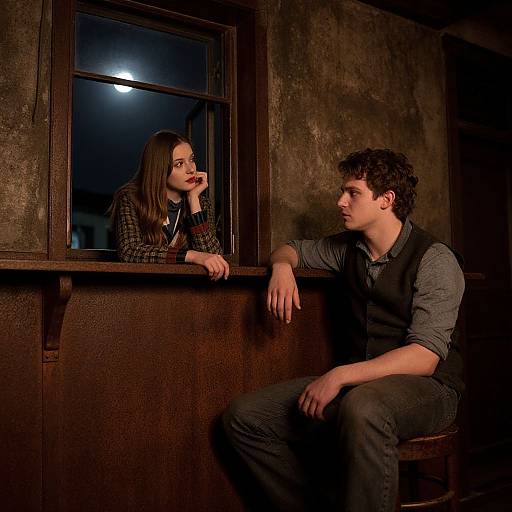 Photograph of a pensive woman with glasses and red lipstick leaning on a window ledge, gazing at a seated young man with curly hair in a
