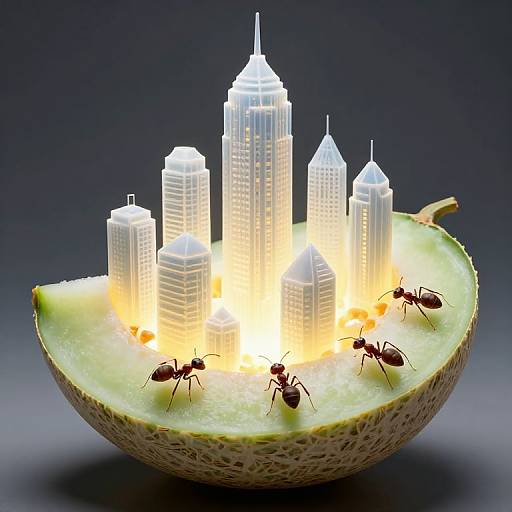 Photograph of a miniature city made of glowing white buildings inside a halved, lit-up melon, with small ants crawling on the melon's