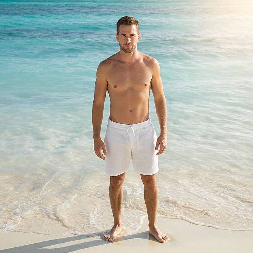 Photograph of a shirtless, muscular man with short brown hair, wearing white shorts, standing in shallow, sunlit, turquoise ocean water.
