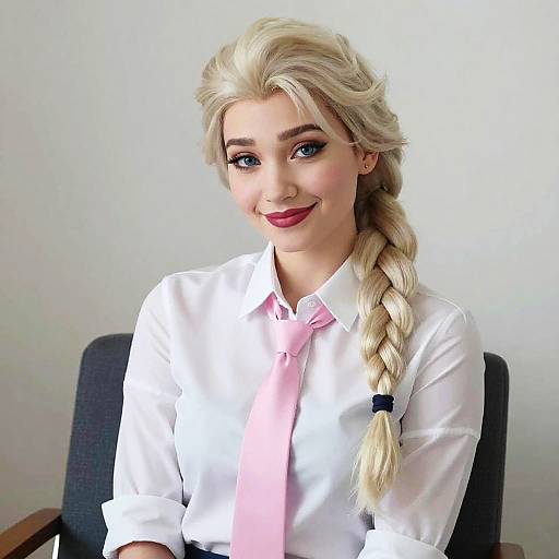 Photorealistic CGI of a blonde woman with Elsa's hairstyle, wearing a white shirt and pink tie, smiling against a plain white background.