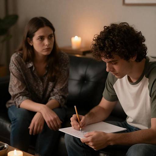 Photograph of a young man with curly hair writing on paper while a woman with long dark hair sits on a black leather couch, softly lit by two