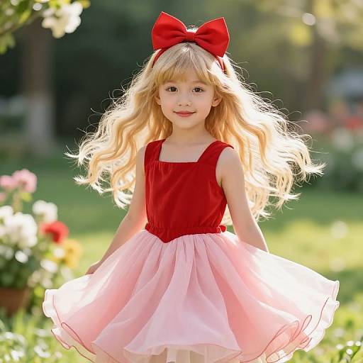 Cheerful Girl in Red Dress Garden