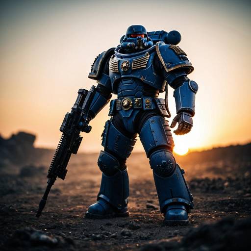 Space Marine on Alien Battlefield at Sunrise